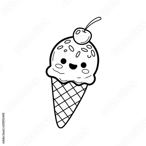 Cuadro en lienzo Cute Smiling Ice Cream Cone with Cherry Line Art Coloring Page Illustration