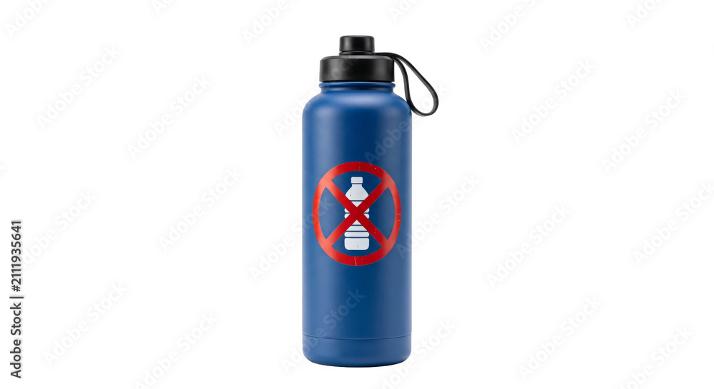 Obraz premium Reusable water bottle with a no plastic bottle symbol for sustainability