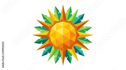 Jungle sun icon with tropical leaves. Geometric summer logo design for travel branding.
