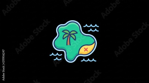 Tropical island map icon. Treasure hunt location symbol with palm tree and cross mark.