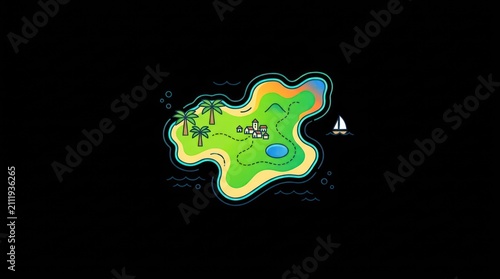Tropical island map icon. Illustrated desert island with palm trees and a small boat.