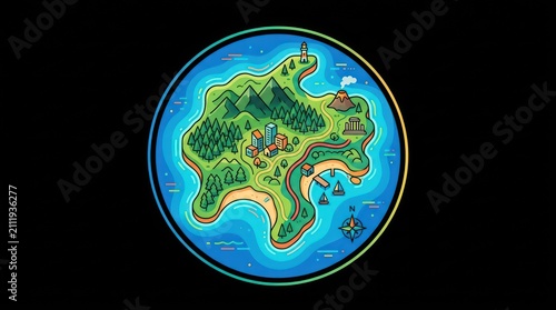 Tropical island map icon. Illustrated fantasy world map for adventure games and travel.