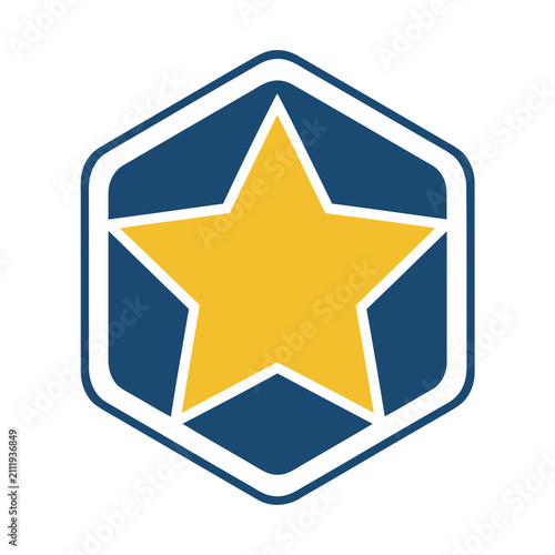 Yellow star inside a blue hexagon emblem
