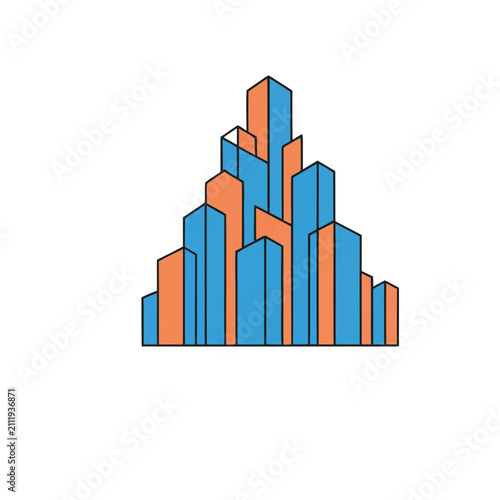 Abstract building shapes in blue and orange