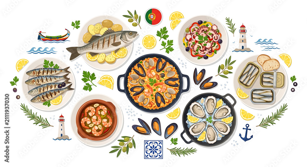 Fototapeta premium Portugal Atlantic Seafood Collection with 10 Traditional Coastal Foods, Flag and Travel Icons