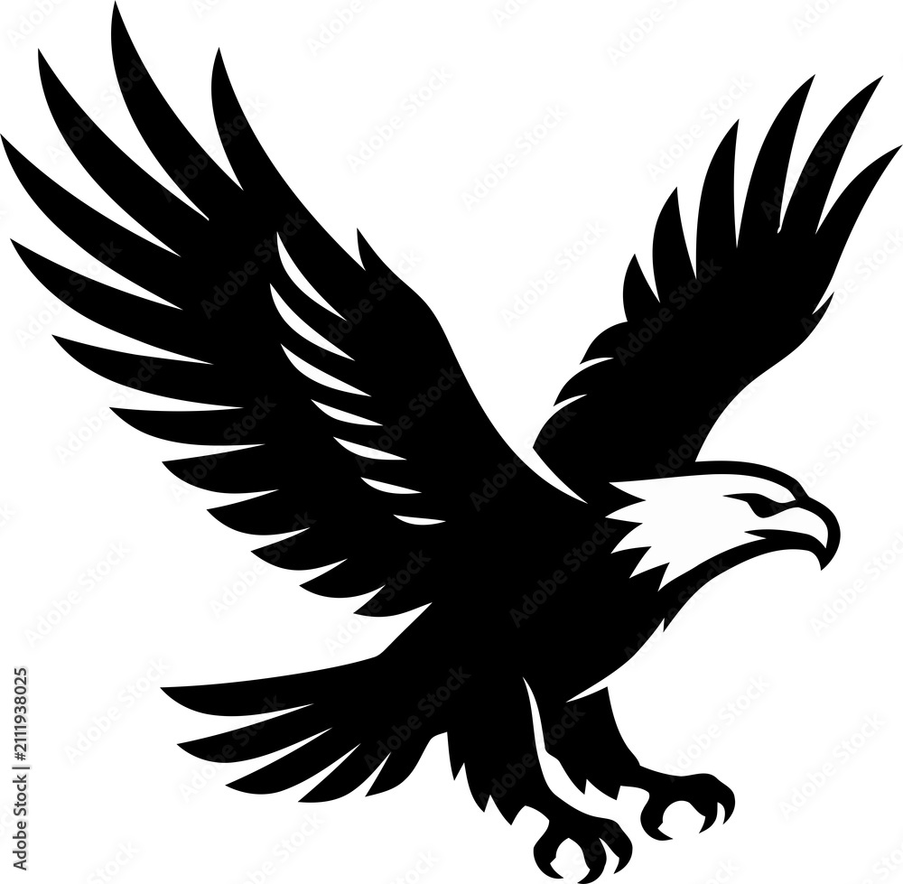 Fototapeta premium Black and white eagle silhouette illustration featuring a majestic bird of prey soaring with wide wings spread in flight