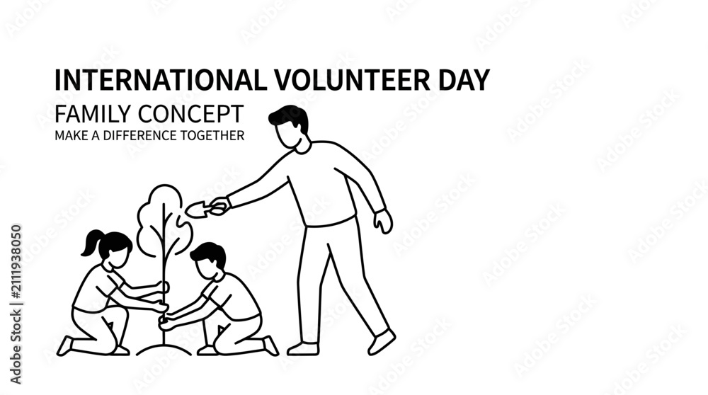Obraz premium Family Planting Tree International Volunteer Day Line Art