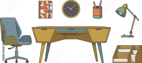Retro Style Home Office Workspace Furniture Set Featuring Wooden Writing Desk Swivel Chair Lamp Wall Clock Organizer and Stationery Design Elements