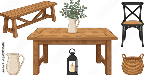 Rustic Farmhouse Dining Table and Bench Set with Cross Back Chair, Lantern, Ceramic Jug, Eucalyptus Vase, and Woven Basket Vector Design Elements