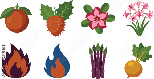 Organic Nature and Botanical Elements Vector Icon Set Featuring Bitter Melon, Desert Rose Flower, Fire Flame, Purple Asparagus, and Yellow Beetroot Turnip