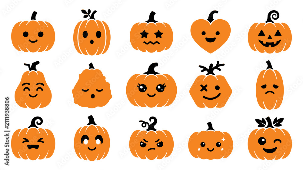 Naklejka premium Set of cute hand drawn pumpkins with various funny faces for halloween celebration and autumn seasonal holiday design projects