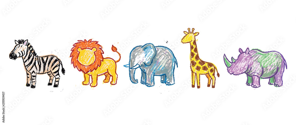 Obraz premium Safari animal icons set. African wildlife and nature concept. Includes zebra, lion, elephant, giraffe, rhinoceros. Hand-drawn crayon style