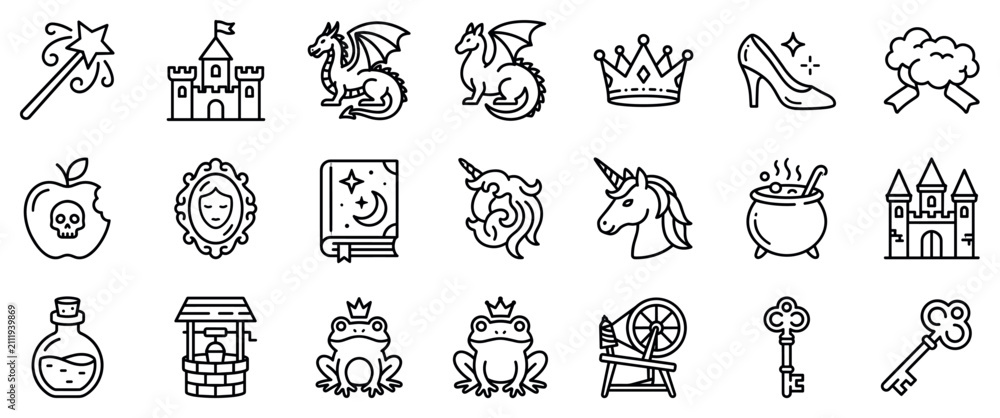 Fototapeta premium Fairy tale icons set. Fantasy stories and magic concept. Includes magic wand, castle, dragon, crown, glass slipper, poisoned apple, mirror, spell book, unicorn, cauldron, well, frog prince,