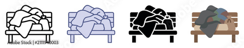 Homelessness and poverty icons set. Social issue and urban struggle concept. Includes bench, blanket, bag, possessions, shelter, despair. Flat and line style