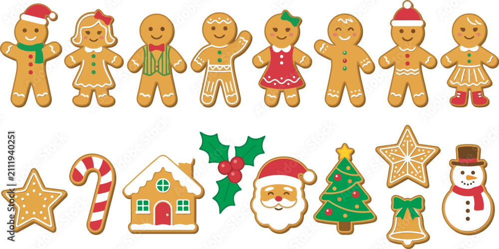Obraz premium Funny Cartoon Christmas People and Animal Character Set with Gingerbread Boy Teddy Bear Kids Tree Cookies Holiday Stickers Vector Illustration Collection Design Pattern Icon Art