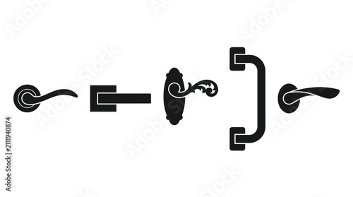 Door handle silhouettes on a white background collection of styles