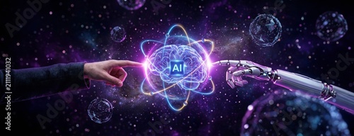 Human and robot hands touching glowing AI brain, Artificial intelligence agent concept