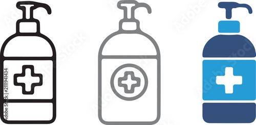 Foto Handmade vector illustration set of hand sanitizer bottle icons with hygiene liquid soap dispenser and medical symbols, on transparent background