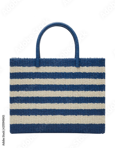 Blue and White Striped Woven Tote Bag Transparent Background