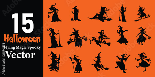 Fotografie Halloween Witch Silhouettes Flying on Broom Magic Spooky Vector Collection Isola