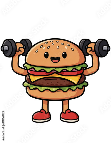 Burger Character Lifting Dumbbells Isolated