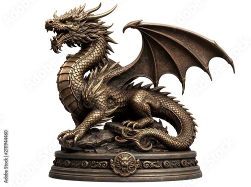Magnificent bronze dragon figurine perched on a rocky base with detailed wings.
Intricate mythical creature statue featuring metallic scales and powerful posture.
