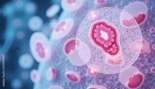 Cellular biology and biomedical research concept with microscopic biological structures