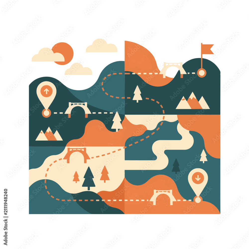Naklejka premium Flat design travel adventure map vector illustration featuring scenic route landscape mountains location pins and landmarks for road trip and vacation concept