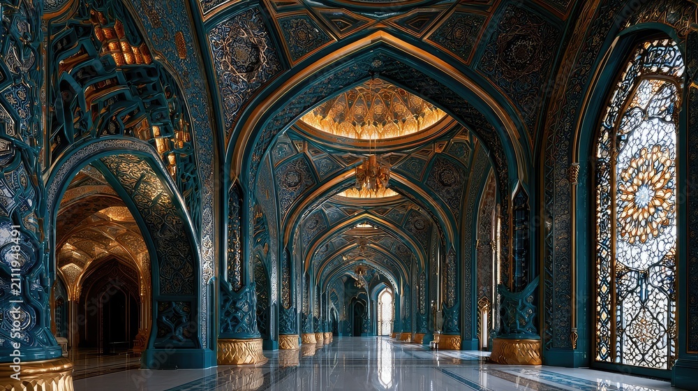 Fototapeta premium Grand mosque interior with intricate geometric patterns. Islamic architecture and ornate design.
