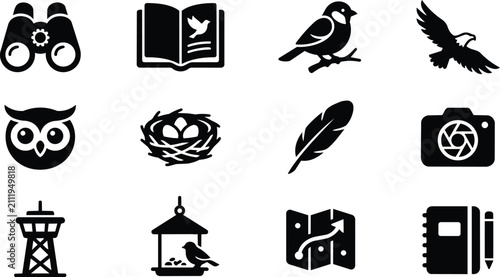 Bird Watching and Wildlife Black Glyph Icon Set Collection Vector