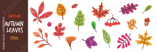 Hand drawn autumn leaves and berries vector set in crayon textured pencil sketch style for fall design and seasonal decoration. Children illustration for book or game.