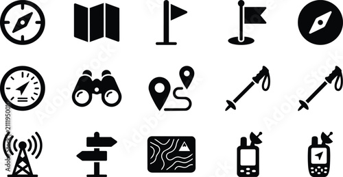 Navigation and Orienteering Black Glyph Icon Set Collection Vector