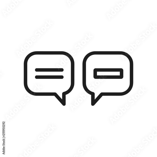 Two speech bubbles displaying an equals sign and a minus sign, representing concepts of comparison, balance, reduction, and feedback in digital communication
