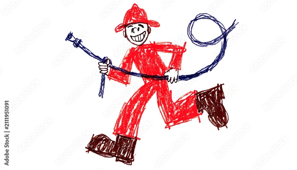 Obraz premium Child Drawing of a Smiling Firefighter Running with a Fire Hose