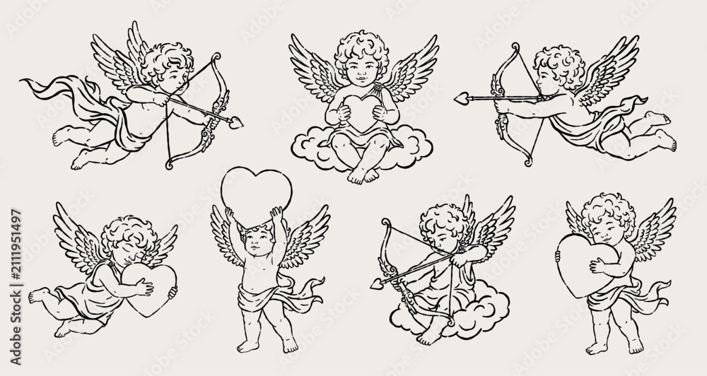 Obraz premium Hand drawn vintage cupid set with romantic love hearts and elegant bows. Line art amour sketches for beautiful February valentine celebration. Premium vector bundle for aesthetic wedding print design