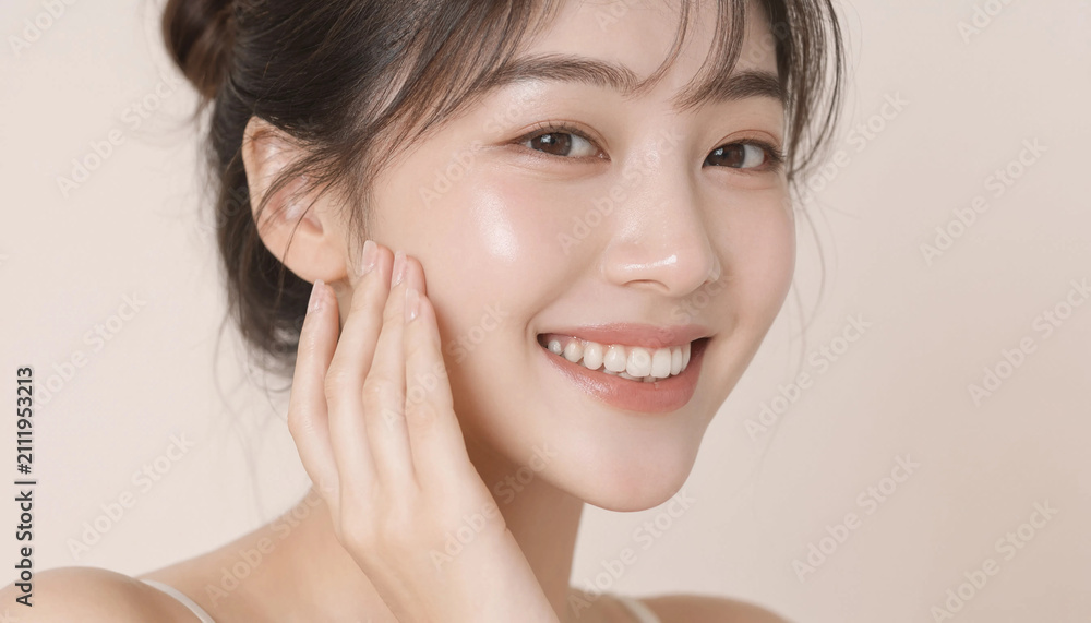 Obraz premium 頬に優しく手を添えて歯を見せて明るく爽やかに微笑む若い日本人女性のビューティーポートレート