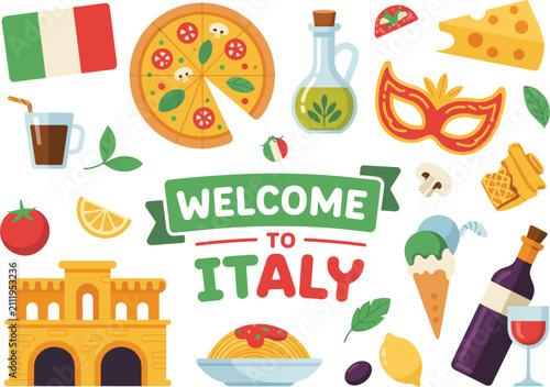 Obraz na płótnie Welcome to Italy, travel landmarks and traditional cuisine collection isolated v