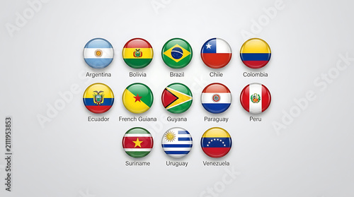 A comprehensive set of glossy south american flags and national flags designed as country icons for south america independence day and cultural