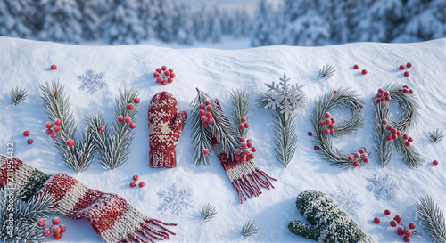 Winter Word Formed in Fresh Snow with Pine Branches | Cozy Seasonal Holiday Background