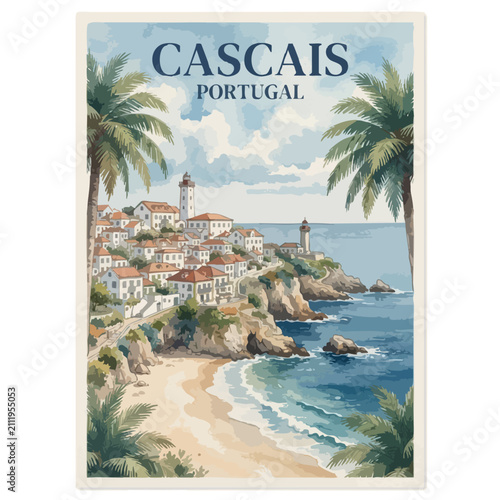 Cascais portugal coastal beach resort illustration with palm trees and ocean view portugal landscape watercolor illustration painting vacation destination tropical mediterranean architecture
