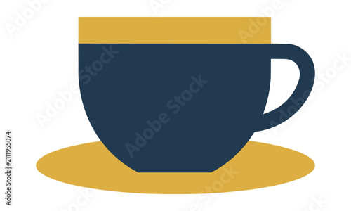 Minimalist two-tone ceramic coffee mug with a thick handle on a saucer, isolated on white, a clean beverage icon concept