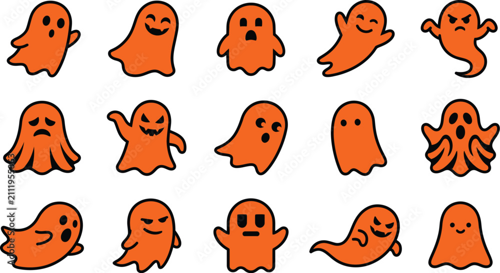 Fototapeta premium Set of cute orange ghost characters with various expressions for halloween party decorations and digital festive design projects