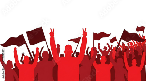A red crowd silhouette during a peaceful protest or independence day celebration with people raising a victory sign and holding flags