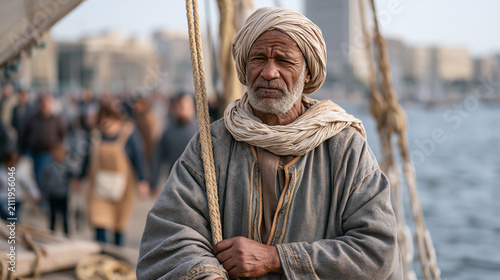 Egyptian felucca sailor adjusts rigging on Nile working boat against busy Cairo waterfront, brow technician in apron carrying kit bag walks the crowded corniche behind him, family