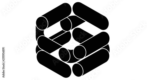 3D isometric hexagonal structure composed of linked cylinders.