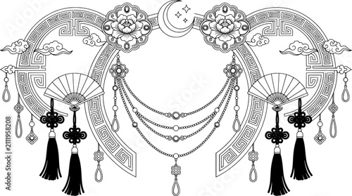 Decorative Oriental gold arch border featuring carved lotus motifs, crescent moon, cloud patterns, golden folding fans, turquoise gemstones, and red and teal silk tassels isolated on white background
