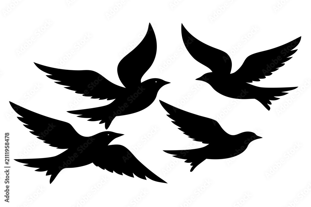 Fototapeta premium Minimal Flying Birds Silhouette – Flock of Birds Black Vector Illustration