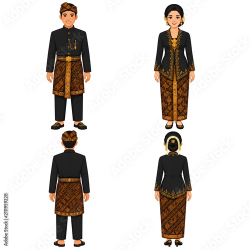 Sundanese Traditional Costume Character Set, West Java Indonesian Cultural Clothing, Male and Female Front and Back View, Full Body Flat Vector Illustration