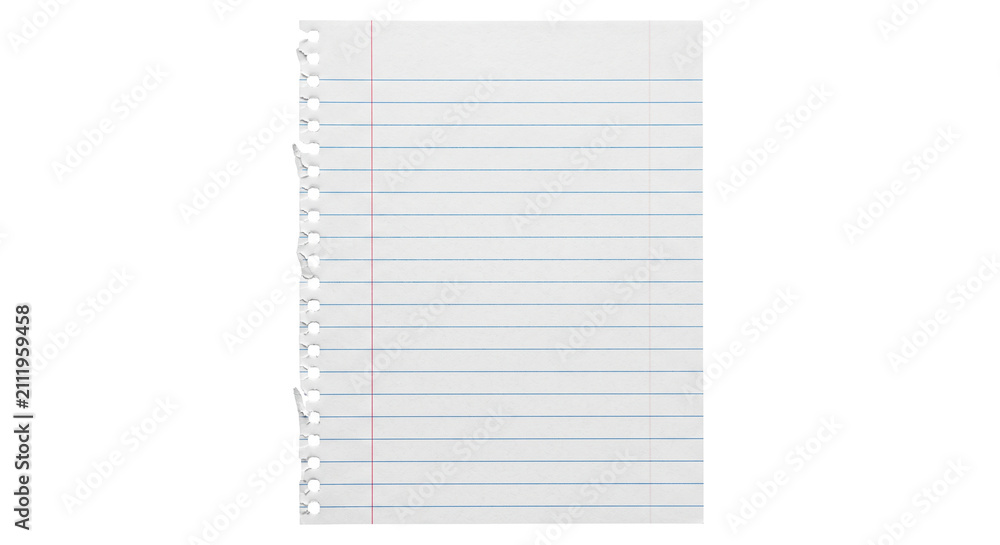 Obraz premium Torn lined notebook paper with punched holes and red margin line
