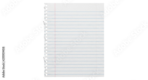 Torn lined notebook paper with punched holes and red margin line
